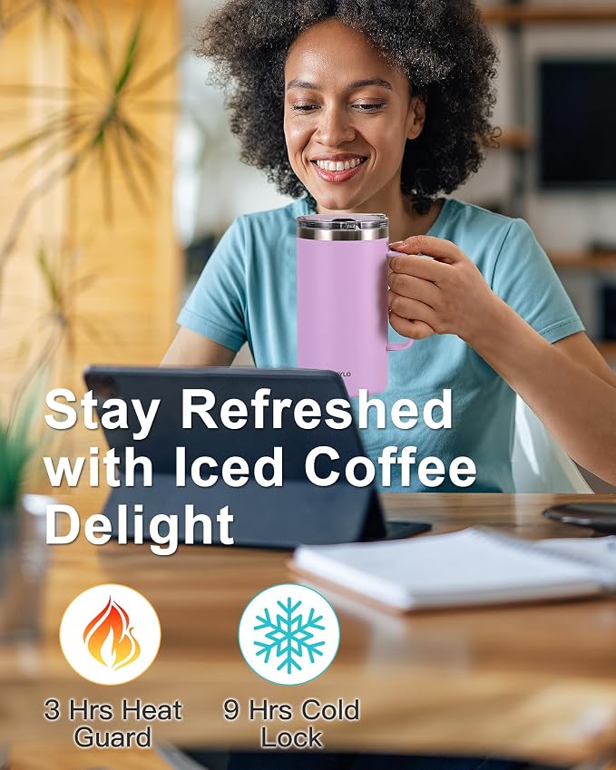 Insulated Travel Large Coffee Mug with Handle, Coffee Tumbler Cup 24oz | Detachable Lid for Thoroughly Clean, Thermal Cup with Double-Wall Stainless Steel Vacuum Insulation, Spill Proof & BPA Free