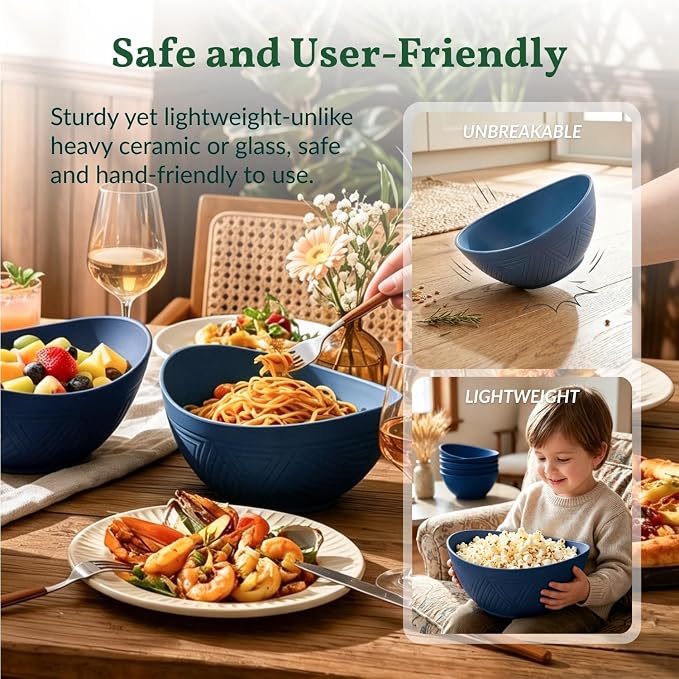 Wheat Straw Bowl Set of 6-60 OZ Large Salad Bowls,Microwave and Dishwasher Safe Bowl Set, Alternative for Plastic Bowls for Serving Soup,Popcorn Bowl for Kitchen - Blue
