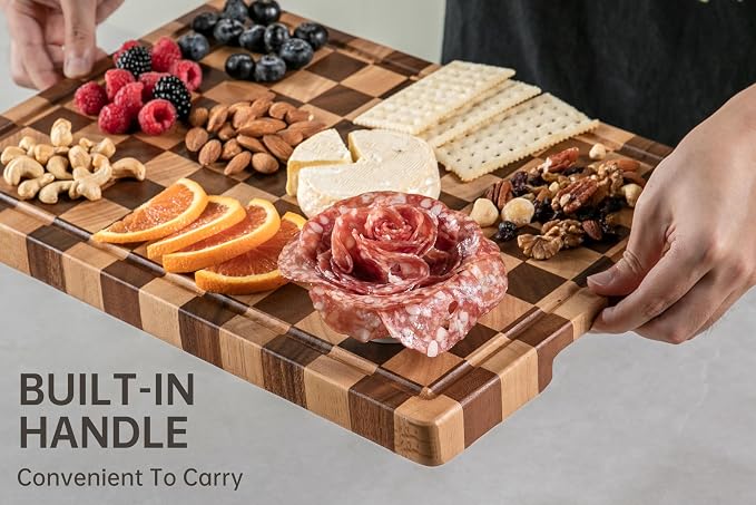 Cutting Boards for Kitchen, Checkered Cutting Board Upgraded, Acacia Wood Chopping Board with Juice Grooves & Handles, Large Butcher Block Serving Tray with Gift Box, 17"X12"X0.8"