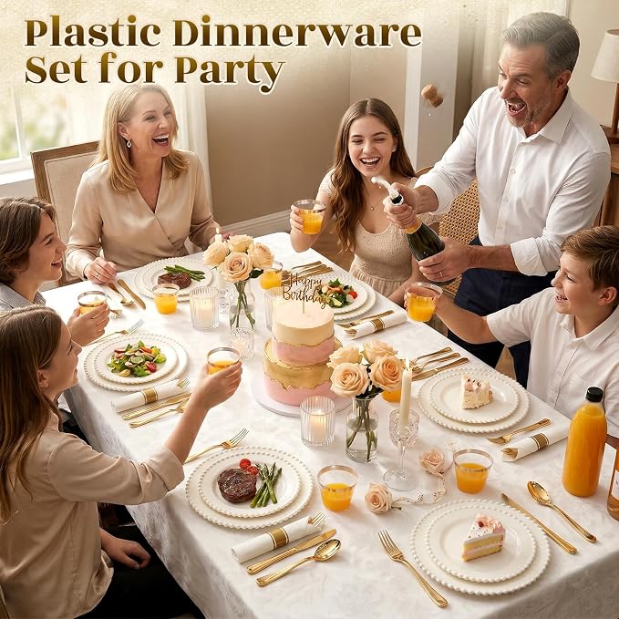 175pcs Plastic Dinnerware Set Ivory 25 Guests for Wedding | Fancy Beaded Plastic Plates Include 50 Elegant Plastic Plates,25 Cups and 25 Pre Rolled Napkins with Cutlery Set