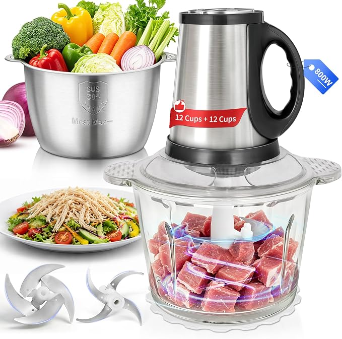 Food Processor-2 Bowls(12Cups+12Cups),Food Chopper for Meat | 【800W Pure Copper Motor】【2 Sets Stainless Steel Blade】Small Food Processor for Meat,Vegetable,Garlic,Onion,Chicken Shredder