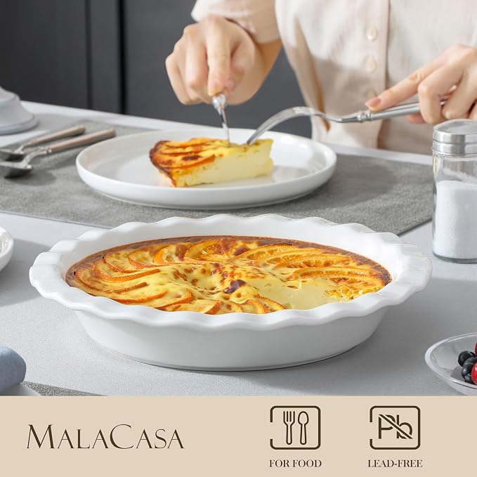 MALACASA 40 Oz Ceramic Pie Pan 9 Inch, Fluted Pie Dish for Quiche | Baking, Versatile for Quiche, Pie, Tart, Casserole, Oven, Microwave, Dishwasher Safe, Non-Stick Glaze, Even Heat Distribution