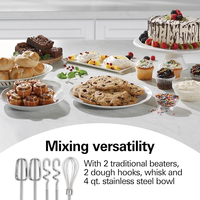 Hamilton Beach Classic Stand and Hand Mixer, 4 Quarts, 6 Speeds with QuickBurst, Bowl Rest, 290 Watts Peak Power, Black and Stainless | 2-in-1 Versatility | QuickBurst For Added Power | 290 Watts Peak Power | Built-In Bowl Rest | Black and Stainless Steel