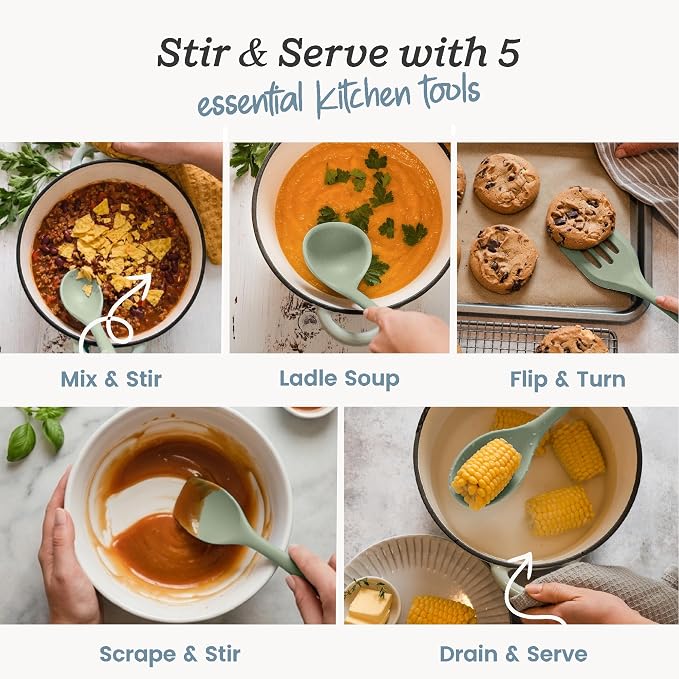 Starpack Stir and Serve Silicone Cooking Utensils Set (5-Piece, 11") - LFGB Non Toxic, 600°F Heat Resistant, BPA-Free - One-Piece Seamless, Dishwasher Safe - for Nonstick Cookware, Sage Green