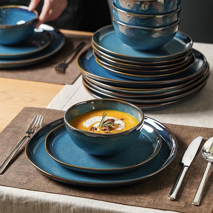 Stoneware Dinnerware Sets for 8, Reactive Glaze Plates and Bowls, Blue | 24-Piece Handcrafted Rustic Porcelain Dishes Set, Highly Scratch Resistant, Dishwasher & Microwave Safe