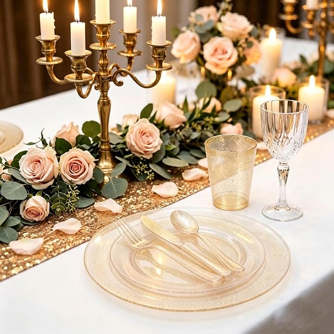 150Pcs Gold Disposable Plates,Gold Glitter Dinnerware Set for Party | Gold Plastic Plates Set Include 25 Dinner Plates 10.25’’, 25 Dessert Plates 7.5’’, 25 cups 10 oz, 75 Plastic Silverware Set
