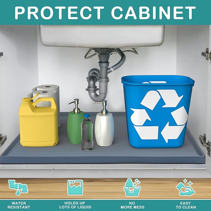 URMONA Waterproof Silicone Under Sink Mat 25'' x 22'' Shelf Liner for Kitchen and Bathroom, Cabinet and Counter Protector, Storage and Organizers, Litter Mat, Pet Cat Puppy Essentials(Cream)