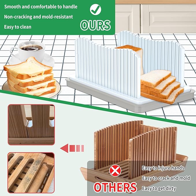 CAWIU Bread Slicer for Homemade Bread, Adjustable Width Bread Slicing Guide | Foldable Bread Cutter with Crumb Tray, Compact Cutting Guide for Loafs, Sandwiches, Bagels, and Cakes