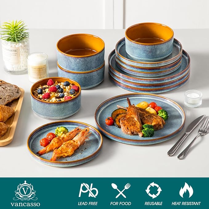 vancasso ONION Ceramic Dinnerware Sets, 12 Pieces Stoneware Plates and Bowls Sets for 4, Reactive Glaze Dishes Set for Kitchen, Dishwasher and Microwave Safe, Blue
