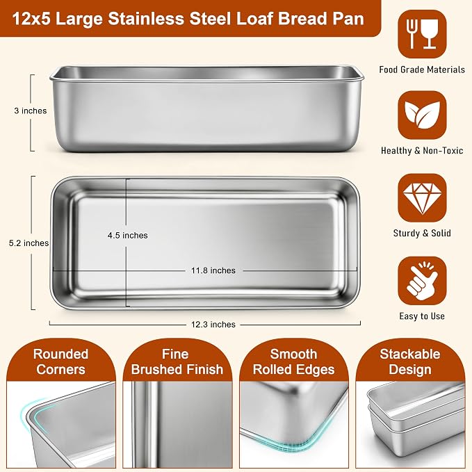 Homikit Stainless Steel Loaf Pans, 12x5 Inches Large Bread Pan Set | 2 Pack Metal Meatloaf Tins, Great for Long Sandwich Sourdough, Non Toxic & Nonstick, Oven & Dishwasher Safe