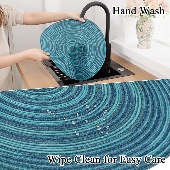 SHACOS 15 inch Round Placemats Set of 6 Variegated Multicolor Place Mats Cotton Polyester Braided Non Slip Washable Heat Resistant Table Mats for Home Wedding Dinner Party Table Decor, Rainbow Teal