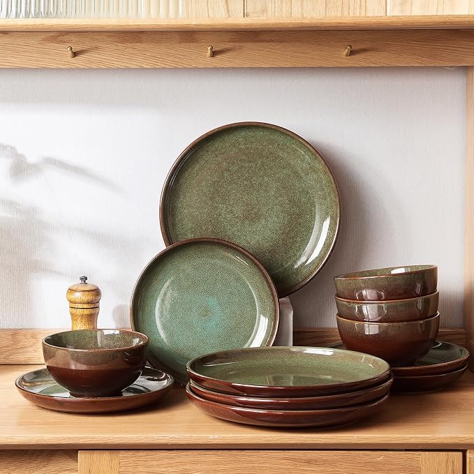 24 Piece Dinnerware Sets for 8, Modern Stoneware Plates and Bowls Setst, Perfect for Family Gatherings & Holiday Celebrations, Easy Cleaning Dishes Set, Stack Compactly Dishware, Brown Green