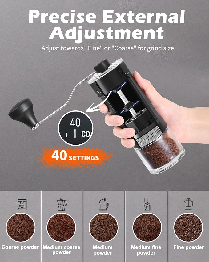 Manual Coffee Grinder With Ceramics Burr For Espresso,French Press,40 Adjustable Settings,Portable Hand Coffee Bean Mill For Home Use and Camping Travel,Coffee Bean Grinders With Hand Crank