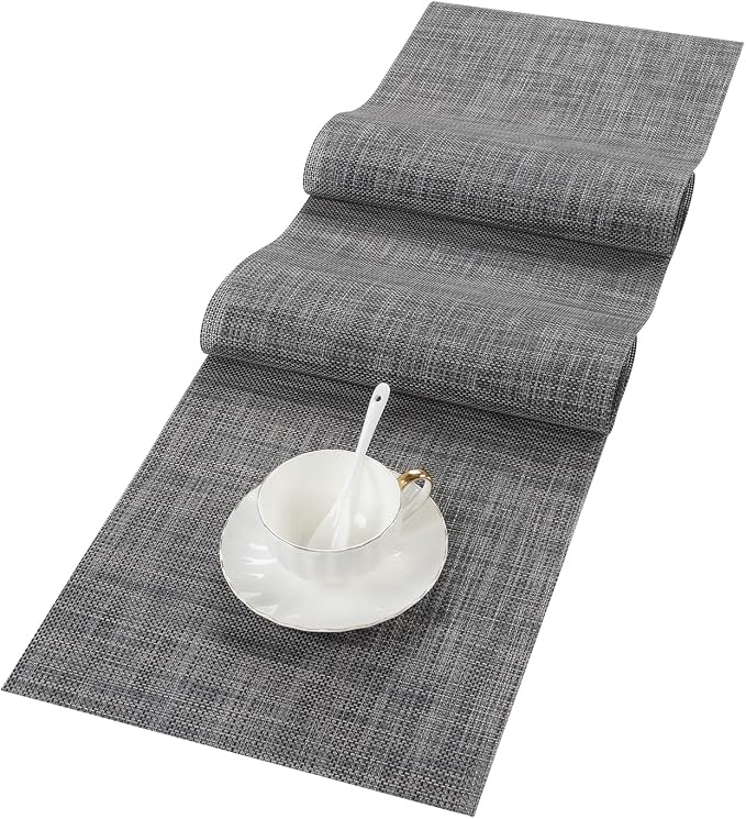 SHACOS Woven Vinyl Table Runners 12 x 54 inch Wipeable PVC Weave Table Runner Heat Resistant Runner for Dining Table Indoor Outdoor, Dark Gray