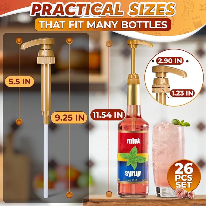 26 Pcs Coffee Syrup Dispenser Pump, Compatible with Torani & Skinny | 25.4 Oz (750ml) Glass Bottles; Precise 0.3 Oz Dispensing; Coffee Bar Accessories, Dirty Soda Bar, & Lemonade Stand Supplies