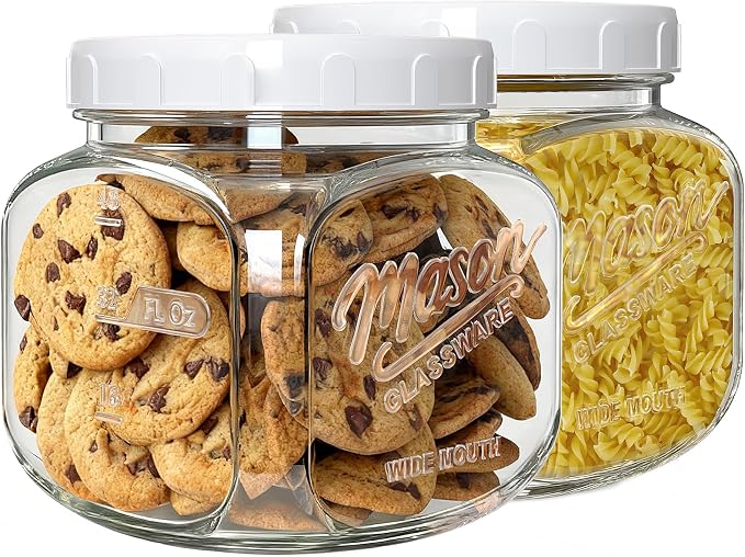 Glass Cookie Jar with Airtight Lid, 2 Pack 64 Oz Canning Jars | Half Gallon Mason Jar Wide Mouth for Food Storage, Flour, Sugar, Pasta, Sourdough - Square Glass Storage Container with Scale