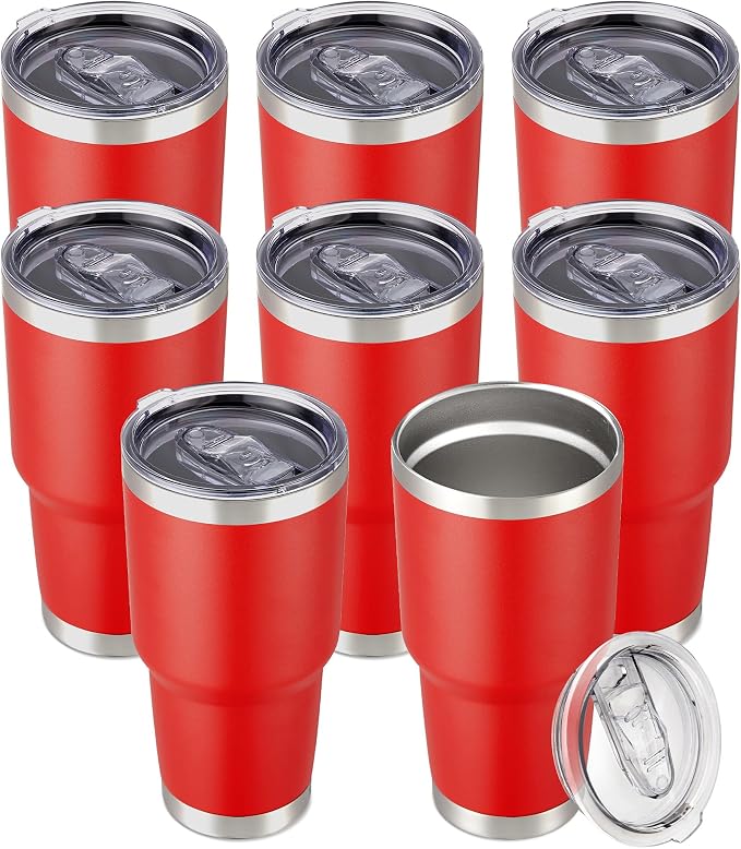 30 oz Tumbler with Lid Stainless Steel Tumblers Bulk, 8 Pack | Vacuum Insulated Cup, Leak Proof Lid, Powder Coated Travel Mug, Double Wall, Keep Cold Drinks for 12 Hours, Wine Red