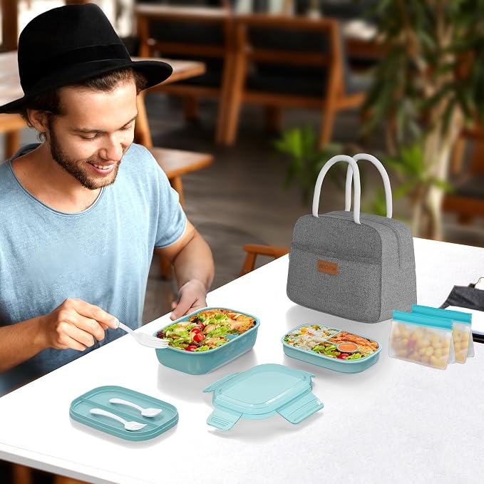 JBGOYON Leakproof Bento Box & Insulated Lunch Bag Set, 4-Piece, Gray/Green | 6-hour thermal retention, includes nested knife fork spoon, 2 reusable snack pouches, designed for adults and kids