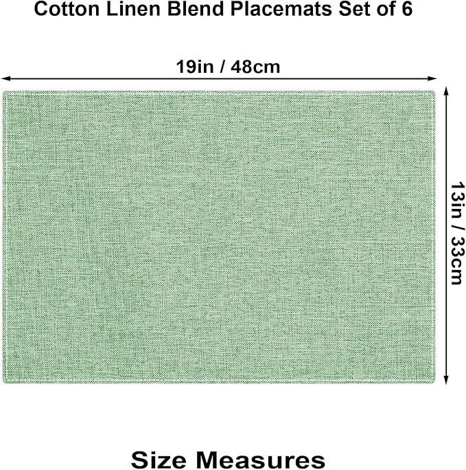 Cloth Placemats Set of 6, Cotton Linen Blend Place Mats, Light Green | Machine Washable, Double Layered, Heat Resistant, Fabric Dining Table Mats for Kitchen, Indoor & Outdoor, 13" x 19"