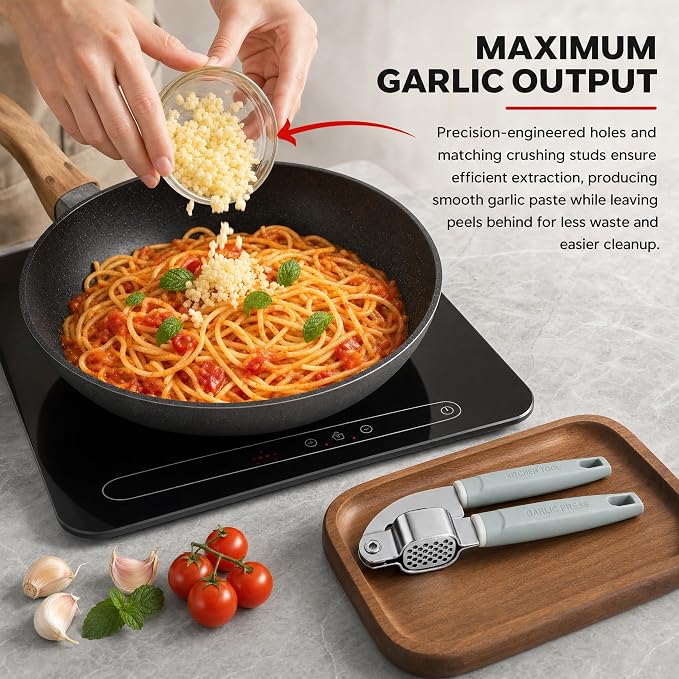 Garlic Press Stainless Steel, Easy-Squeeze Garlic Mincer with Ergonomic Handle, No Need to Peel, Large Capacity Crusher, Heavy Duty, Rustproof & Dishwasher Safe