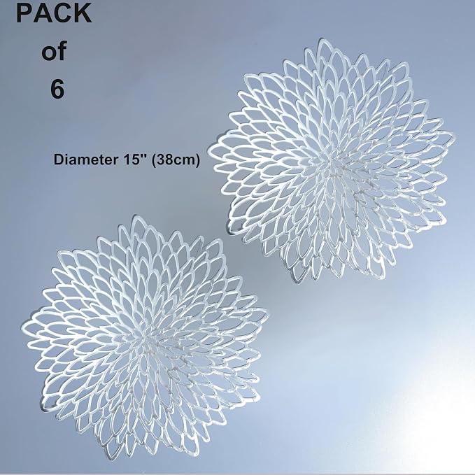 Snowkingdom 6 Pack Silver Placemats Metallic Glitter Pressed Vinyl Dinning Table Mats Decorative Round Leaf Charger for Winter Holiday Thanksgiving Christmas