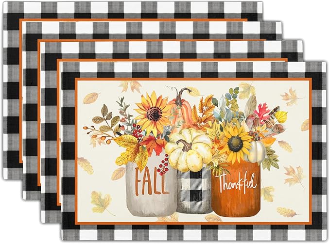 Fall Sunflower and Pumpkin Placemats Set of 6 18x12 Inch Autumn Flower Leaf Linen Place Mats Heat-Resistant Washable Wipeable Buffalo Check Plaid Table Mat for Party Kitchen Dining Room Dinner Decor