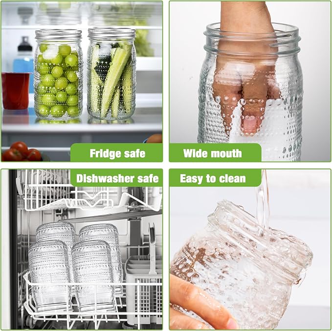 WACOI Mason Jars 32 Oz with Lids Wide Mouth 4 Pack, Glass Jars Canning Jars Large for Centerpieces Pickling Storage Food Meal Prep Salad Jam