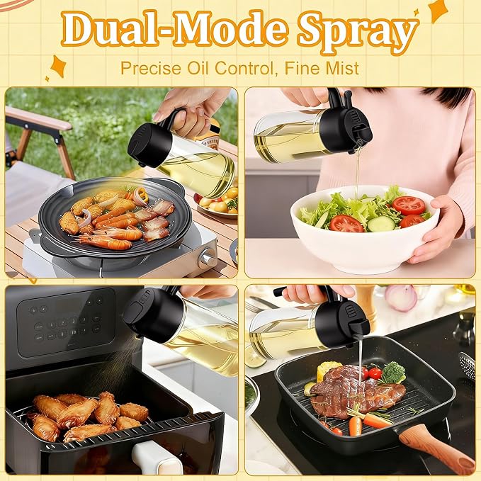 16oz/470ml Glass Olive Oil Sprayer & 2-in-1 Dispenser Bottle with Pour Spout for Cooking, Air Fryers, Salads, BBQs, and Kitchen Use(Black)