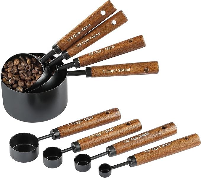 8PCS Measuring Cups and Spoons Set, DV Stainless Steel Measuring Cups with Ergonomic Wooden Handle for Cooking & Baking