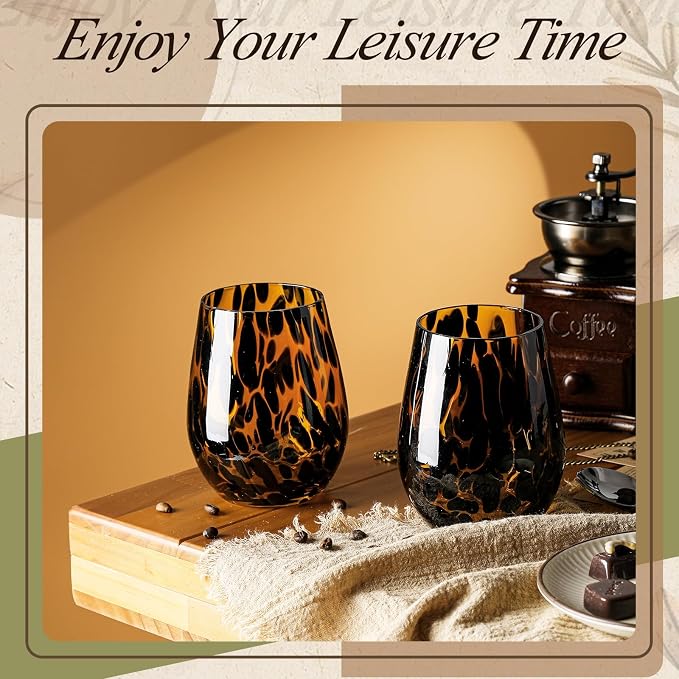 SiliFine Set of 2 Tortoise Shell Stemless Wine Glasses, 16oz Vintage Brown Decorative Glassware, Aesthetic Hand Blown Leopard Print Drinkware for Cocktail, Gin, Gifts for Party, Housewarming