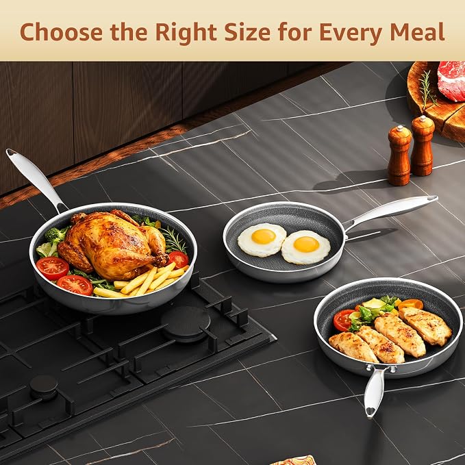 LOLYKITCH 10-12 Inch Hybrid Nonstick Frying Pan Set | PFOA Free | Stainless Steel Skillet | Non-Toxic | Stay-Cool Detachable Handle | Dishwasher and Oven Safe | Induction Ready