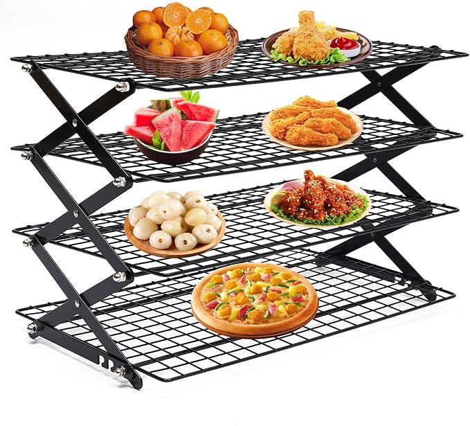 4-Tier Collapsible Cooling Rack, Adjustable Stackable Roasting Cooking Drying Wire, Barbecue Storage Display Shelf for Cookies Baking Picnic Party