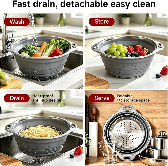 Mejoncb Collapsible Colander – Platinum Silicone Strainer with Stainless Steel Base, BPA-Free & Heat Resistant Kitchen Drain Basket (Gery)