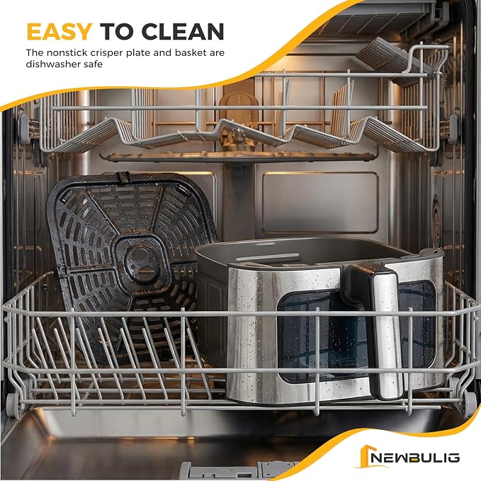 NEWBULIG Air Fryer 6.34QT Airfryer with Visible Window 400℉ Fast Heating Stainless Steel Air Fryers Oven with Nonstick and Dishwasher-Safe Basket 8-in-1 Cooking Preset with Timer Auto-Off