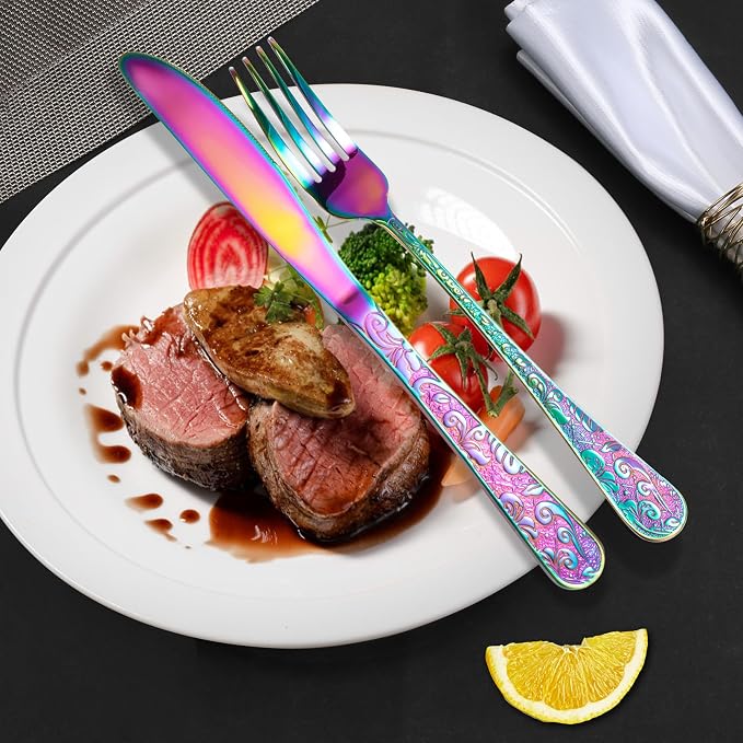 Meythway 40-Piece Vintage Carved Rainbow Silverware Set for 8, Stainless Steel Flatware Set with Knife/Fork/Spoon, Cutlery Set for Home and Kitchen, Utensil Set with Dishwasher Safe