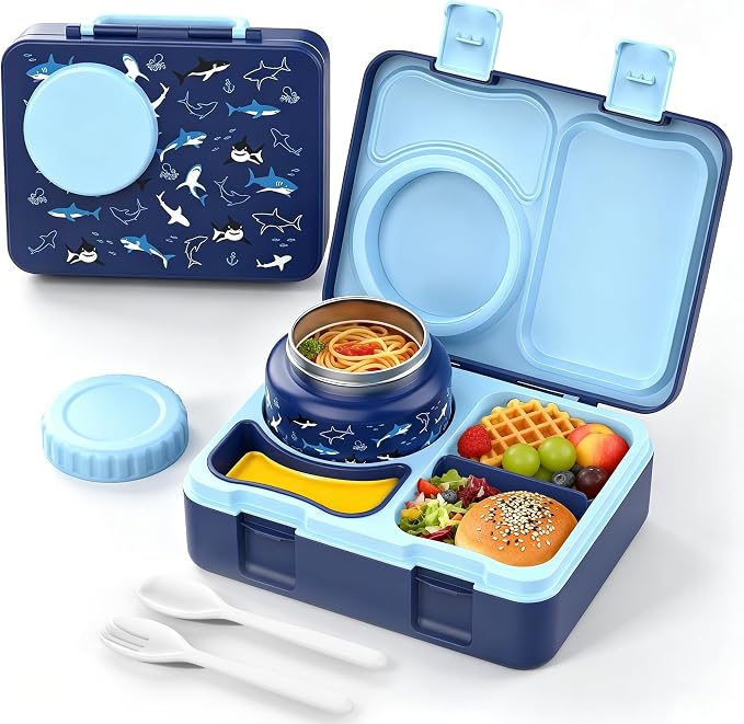 Kids Insulated Lunch Box with 8OZ Thermo Food Jar | Leakproof Bento Box with Ice Pack Sauce Cup Utensils Removable Tray & Dividers for School Daycare Travel, Sharks