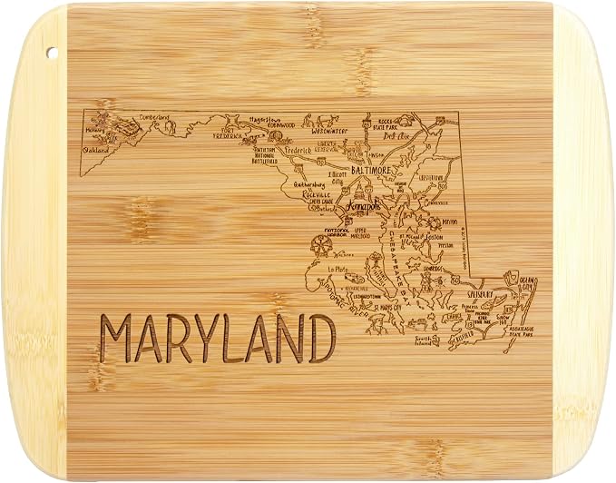 Totally Bamboo A Slice of Life Maryland Engraved Map Cutting Board | 11” x 8.75” charcuterie board with engraved state map artwork. Smooth reverse side for food prep. Hang tie for wall display.