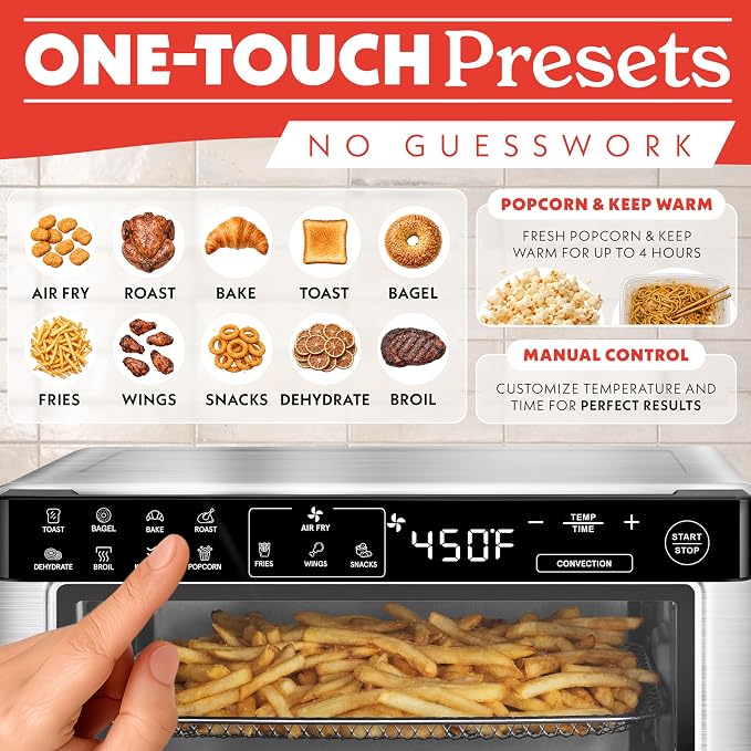 Gourmia Toaster Oven Air Fryer - 4 Slice Capacity, Single Door, Digital Display, Air Fry, Toast & Dehydrate, Convection Cooking, Fits 8” Pizza, 3 Rack Positions, Dishwasher-Safe Trays, Stainless Steel