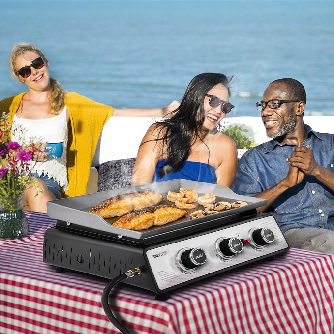Royal Gourmet PD1301S Portable 3-Burner Tabletop Gas Griddle | 25,500 BTU Cooking Power, 304 Sq. In. Cooking Surface | Ideal for Camping & Tailgating, Black & Silver