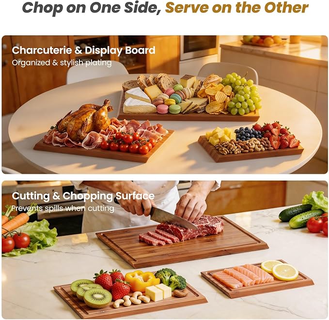 Bamboo Cutting Board for Kitchen, Double-Sided with Stand, Brown | 3-piece Chopping Board Set With Juice Grooves, Vertical Storage Rack, and Comfort Side Handles for Effortless Meal Prep