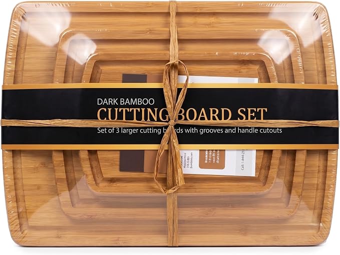 Bamboo Cutting Boards for Kitchen, Non Toxic Wooden Chopping Board Set | Carbonized Dark Color, Deep Juice Groove, Knife-Friendly, Side Handles, Reversible, for Meat, Veg, Fruit, Cheese
