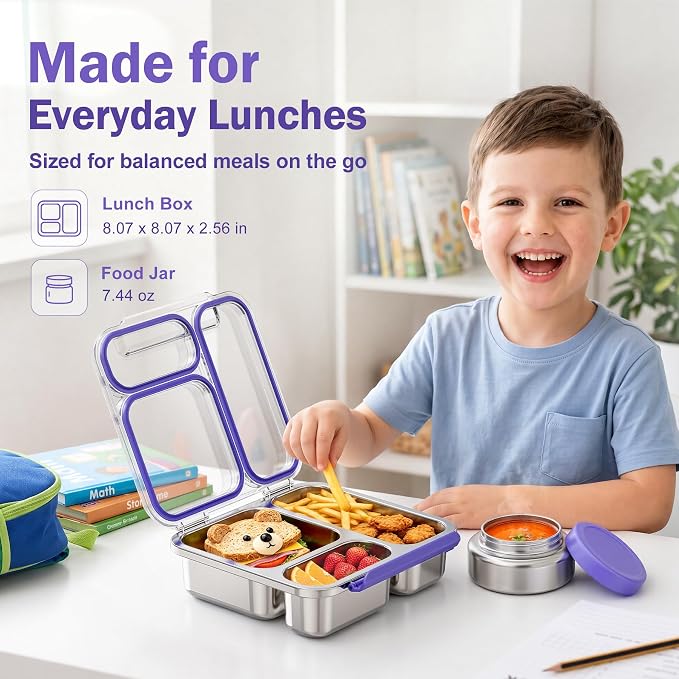 Pawtong Stainless Steel Bento Box Kids Adult with 7oz Insulated Food Jar, Transparent Lid Metal Lunch Box With Soup Thermal Jar, Lunch Box Container with Removable Divider & Sauce Cup School (Purple)