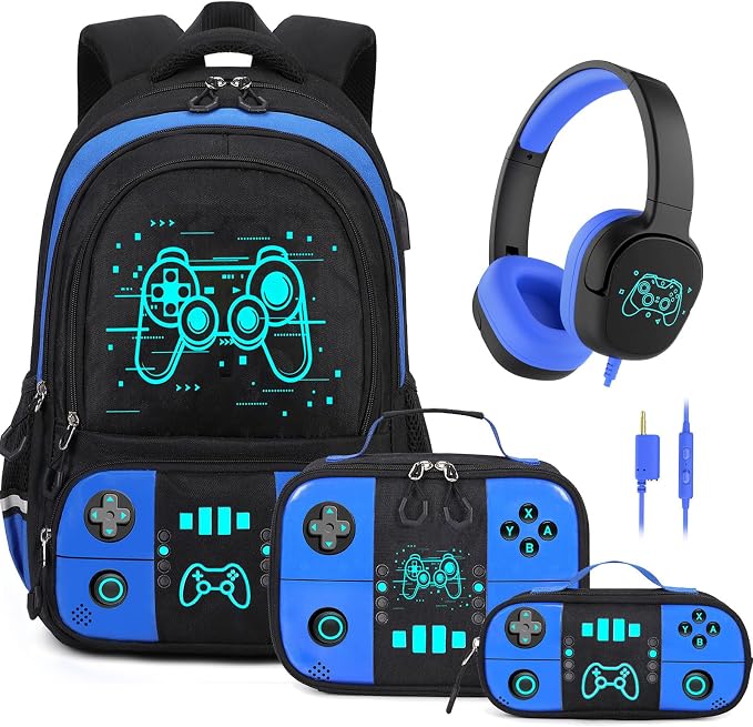 Backpack for School Boys, Cool Luminous Gamer Boys Schoolbag | with Lunch Box & Pencil Case Set for Kids Teens Elementary Middle School, Bookbag Glow In The Dark