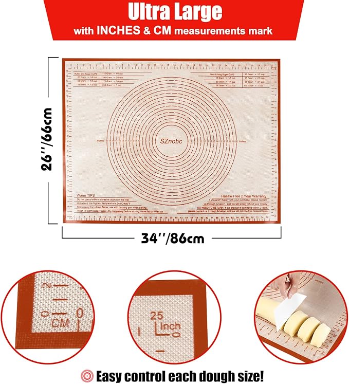 Silicone Pastry Mat 34X26 inch Baking Mat for Rolling Dough | Great Performance Kitchen Counter Mat Baking Suitability for Dough, Pastry, Pie Crust, Fondant, Bread, Pasta/Pizza