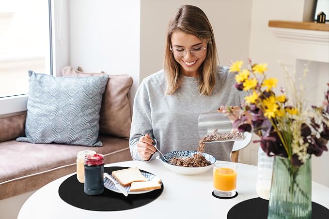 Round Faux Leather Placemat and Coaster 6 Packs, Washable Heat Resistant Dining Place Mats, Wipeable Double-Sided Table Mats for Indoor and Outdoor, Diameter 13 and 3.93 inch, Black