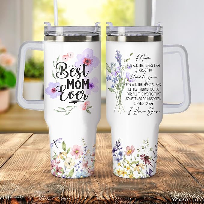 Gossby Best Mom Ever Tumbler, 30oz Stainless Steel with Handle and Straw | Birthday Gifts for Mom, Floral Watercolor Design, Mom Cup with Straw, Insulated Travel Mug for Women, Gift for Mama