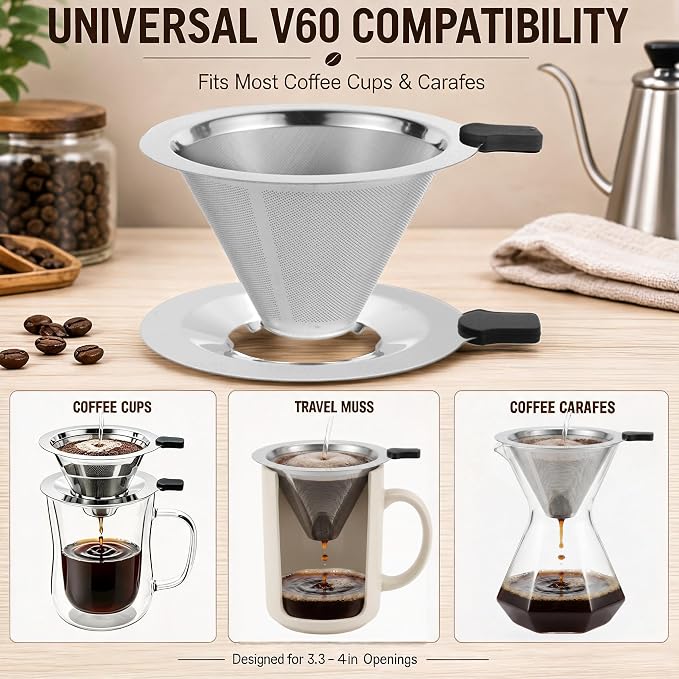 2-in-1 Immersion & Pour Over Coffee Maker,Reusable Stainless Steel Pour Over Coffee Dripper, V60 Style with Detachable Stand, Paperless Metal Coffee Filter for Single Cup Brewing