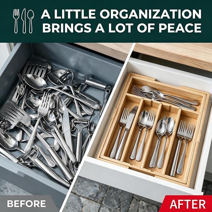 Large Expandable Silverware Organizer | 2.5" High,DIY Partition,Premium Bamboo Cutlery Tray Flatware Holder