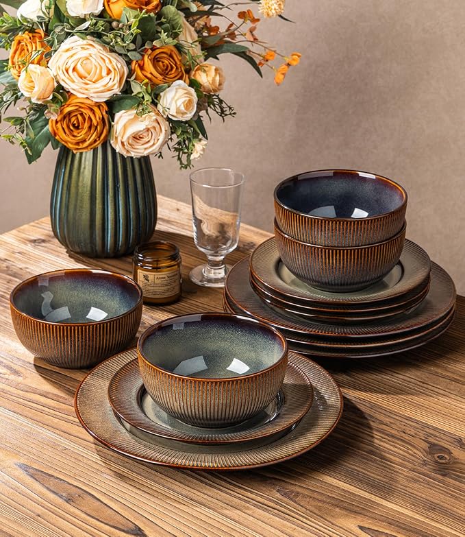 Ceramic Dinnerware Set for 4, 12-Piece Plates and Bowls Set | Lightweight Porcelain Dish Set, Scratch Resistant, Oven & Microwave & Dishwasher Safe, Cocoa Mocha