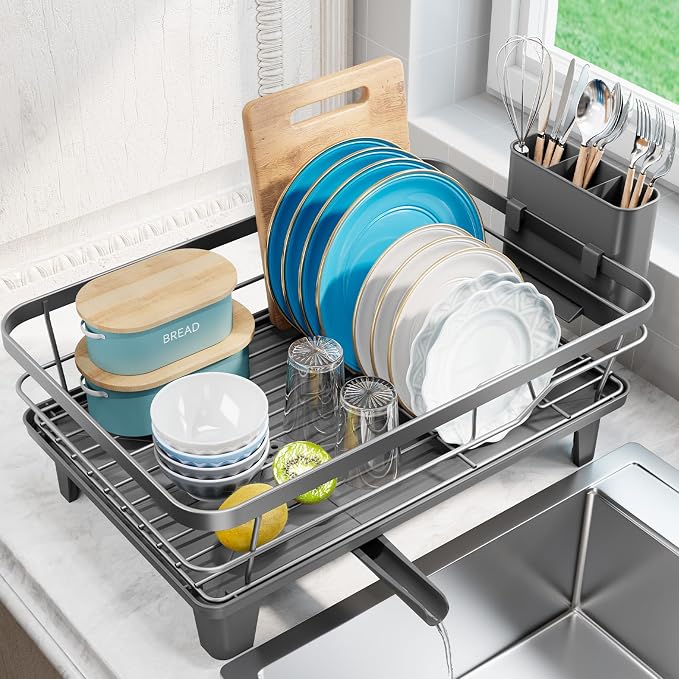 Urakify Dish Drying Rack for Kitchen Counter, 16.5" L x 12.2" W, Grey | Large Dish Drainer with Cutlery Holder, Sink Dish Rack with Drainboard for plate dish silverware, Space Saving